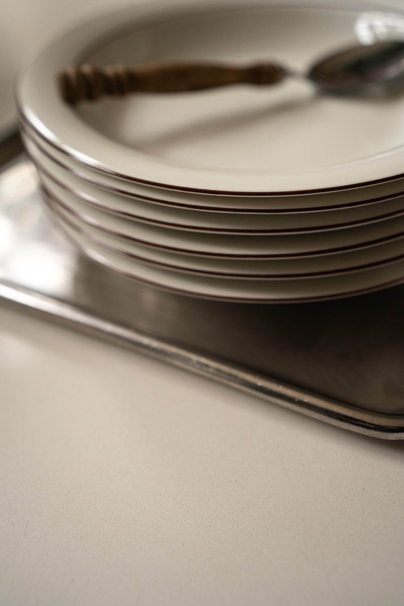 6 diepe borden wit met bruine rand