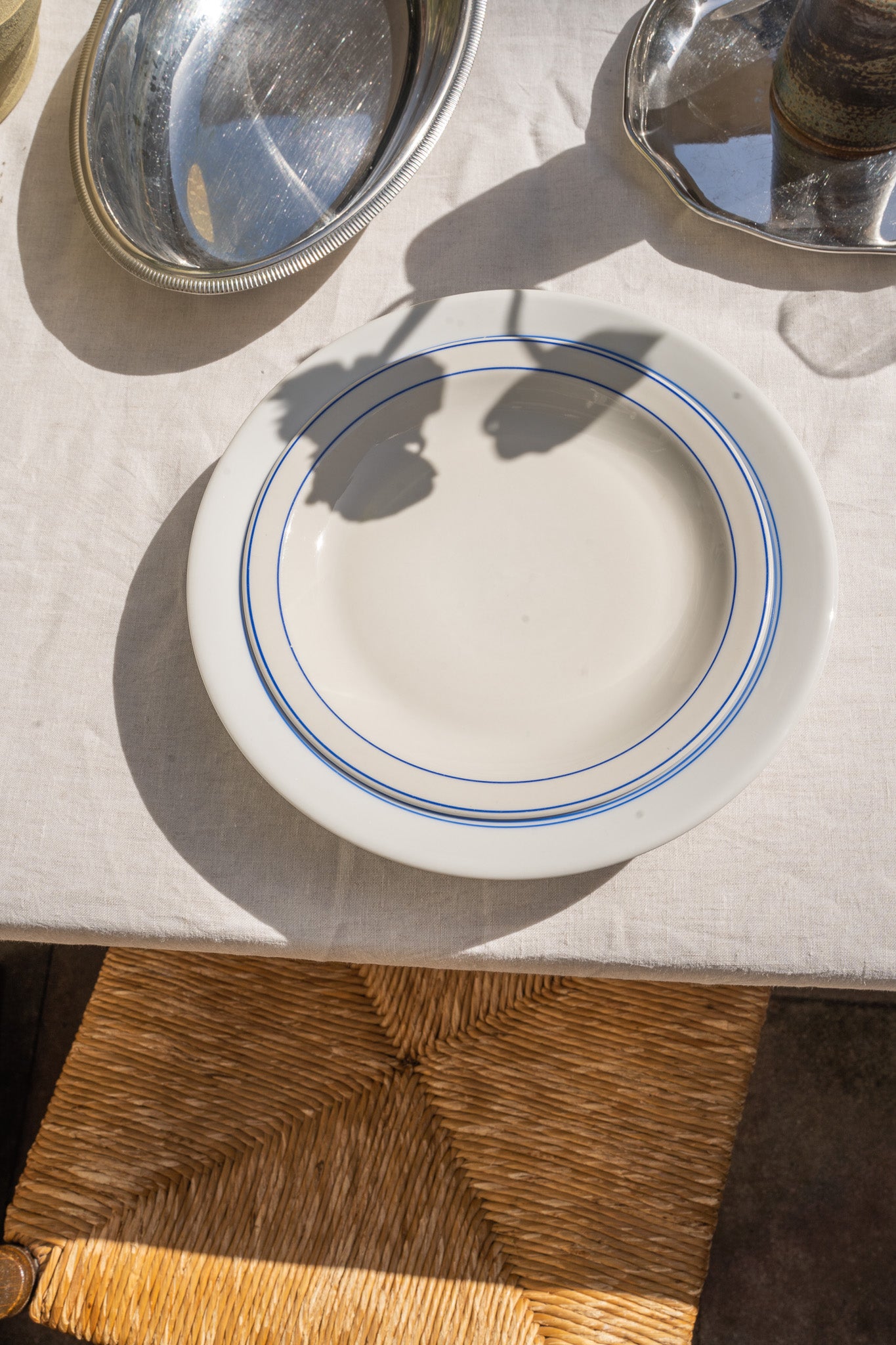 Set van 6 witte diepe borden & blauwe rand