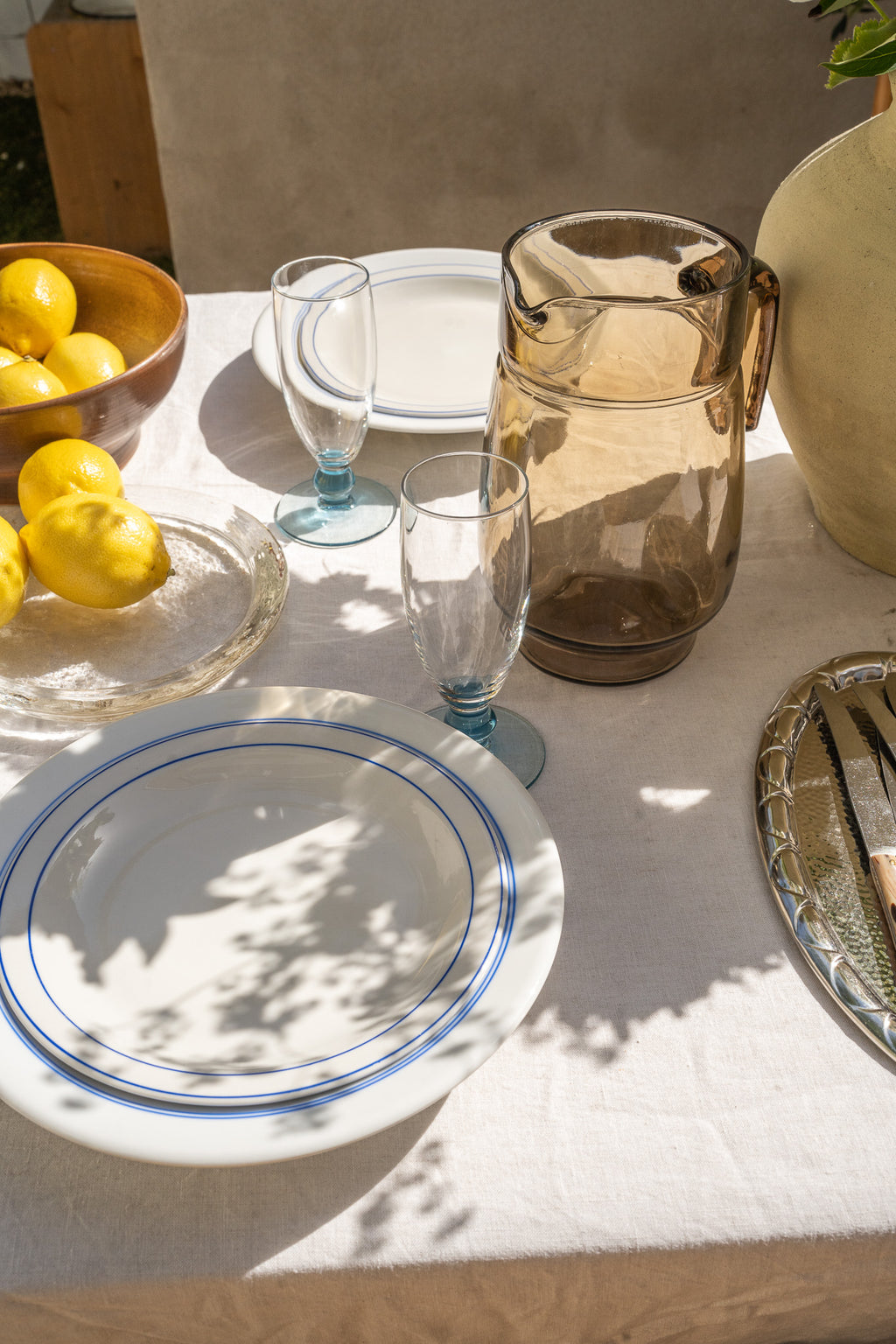 Set van 6 witte diepe borden & blauwe rand