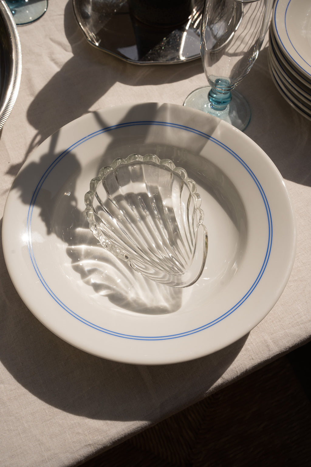 Set van 6 witte diepe borden & blauwe rand