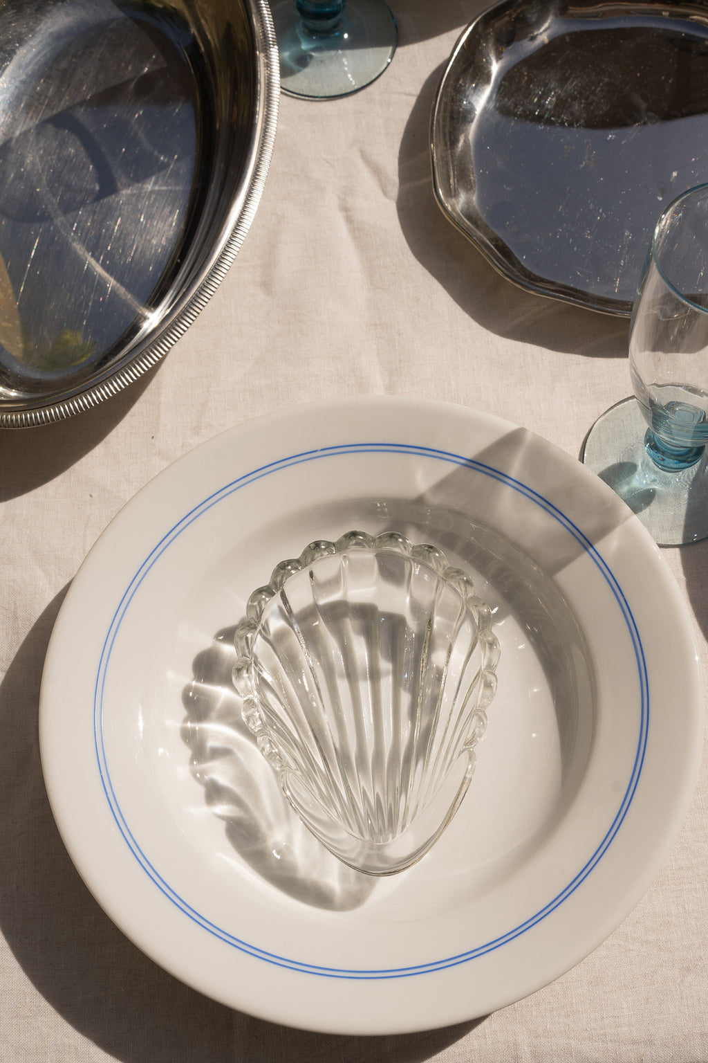 Set van 6 witte diepe borden & blauwe rand